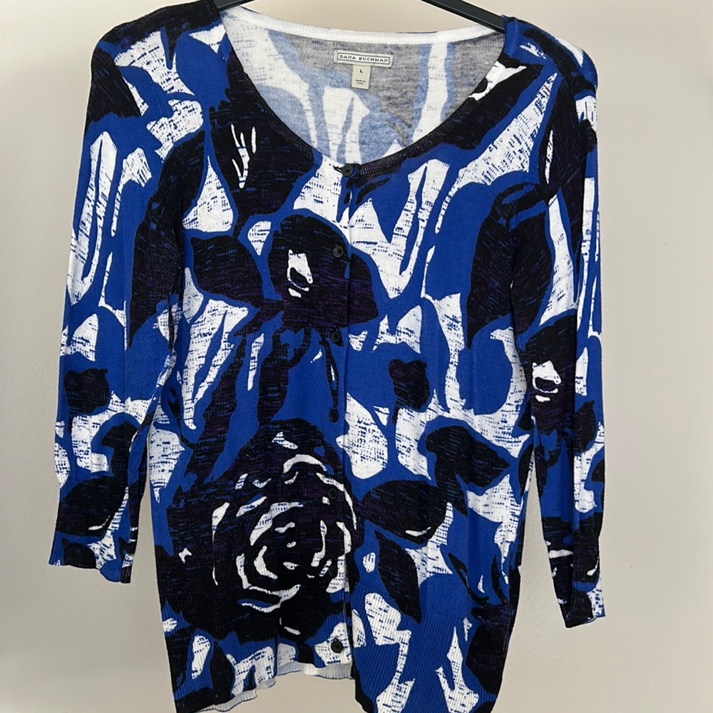 Blue black white sweater from Dana Buchman.
